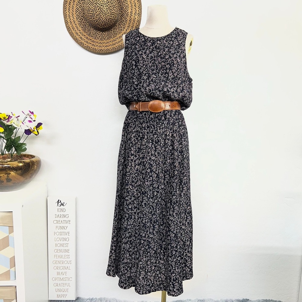 VTG ED Michaels maxi dress sz M - black white floral elastic waist pockets boho
